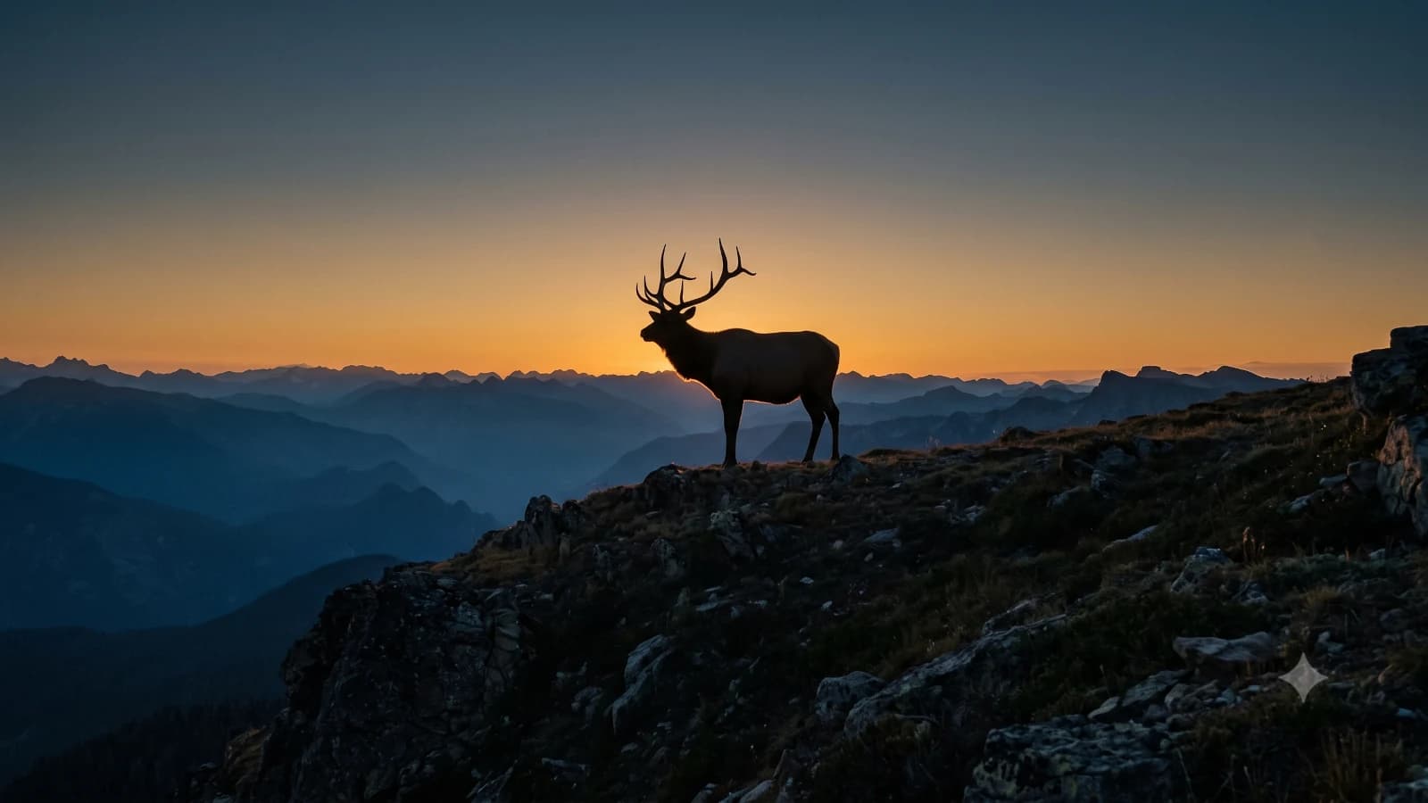 A lone bull elk in silhouette on a high ridgeline at first light, backlit by a low amber sun, the valley below dissolving into cold blue haze — no gear visible, just distance and the animal