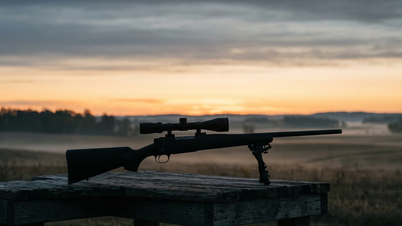 A scoped bolt-action rifle in silhouette on a weathered wooden shooting bench at dawn, mist lying over the open field behind it and a band of amber light along the horizon under cool grey cloud