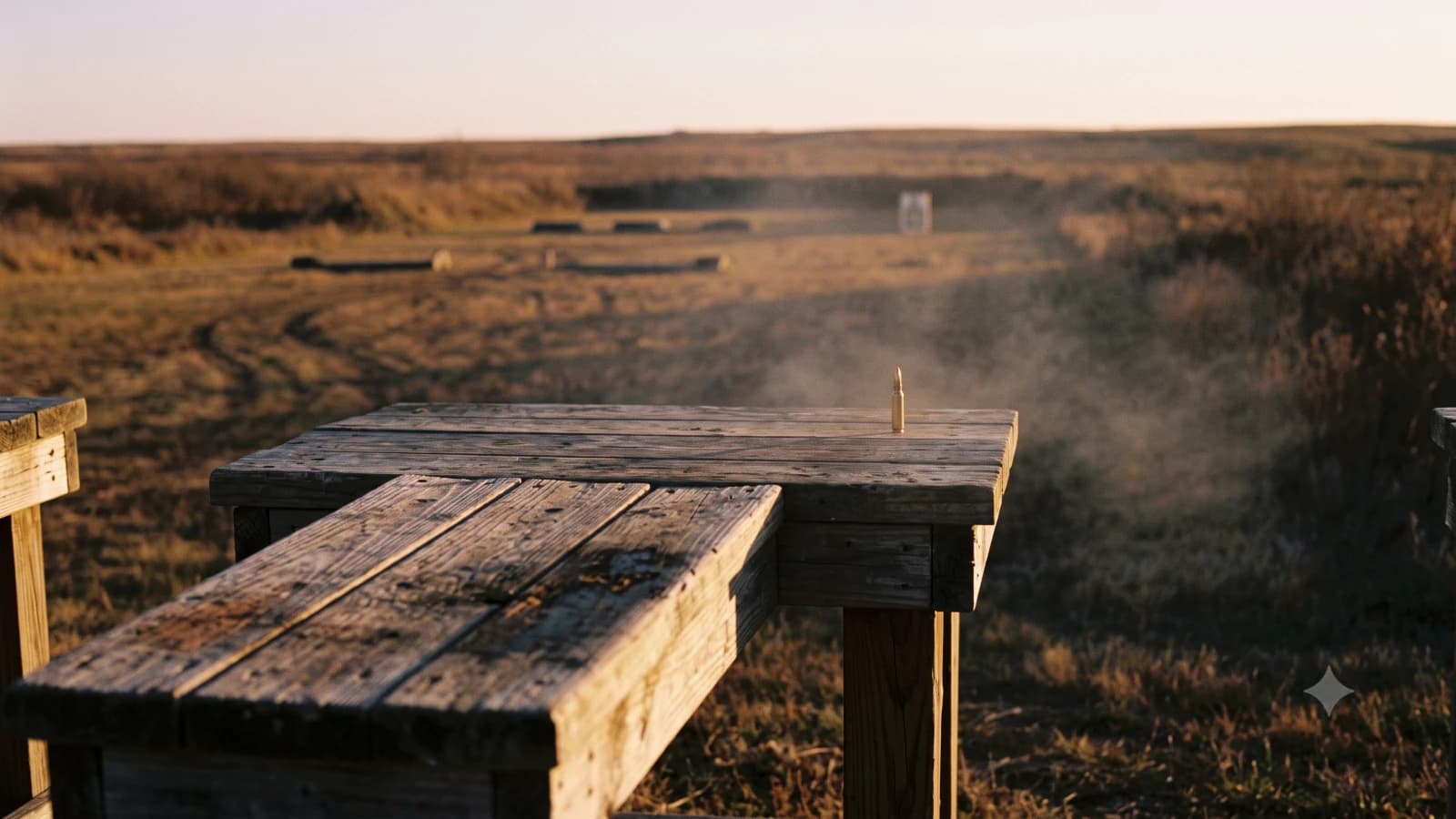 A single rifle cartridge standing on a weathered shooting bench in the mid-distance at golden hour, softened by drifting smoke, an open field rifle range and a faint distant target behind it