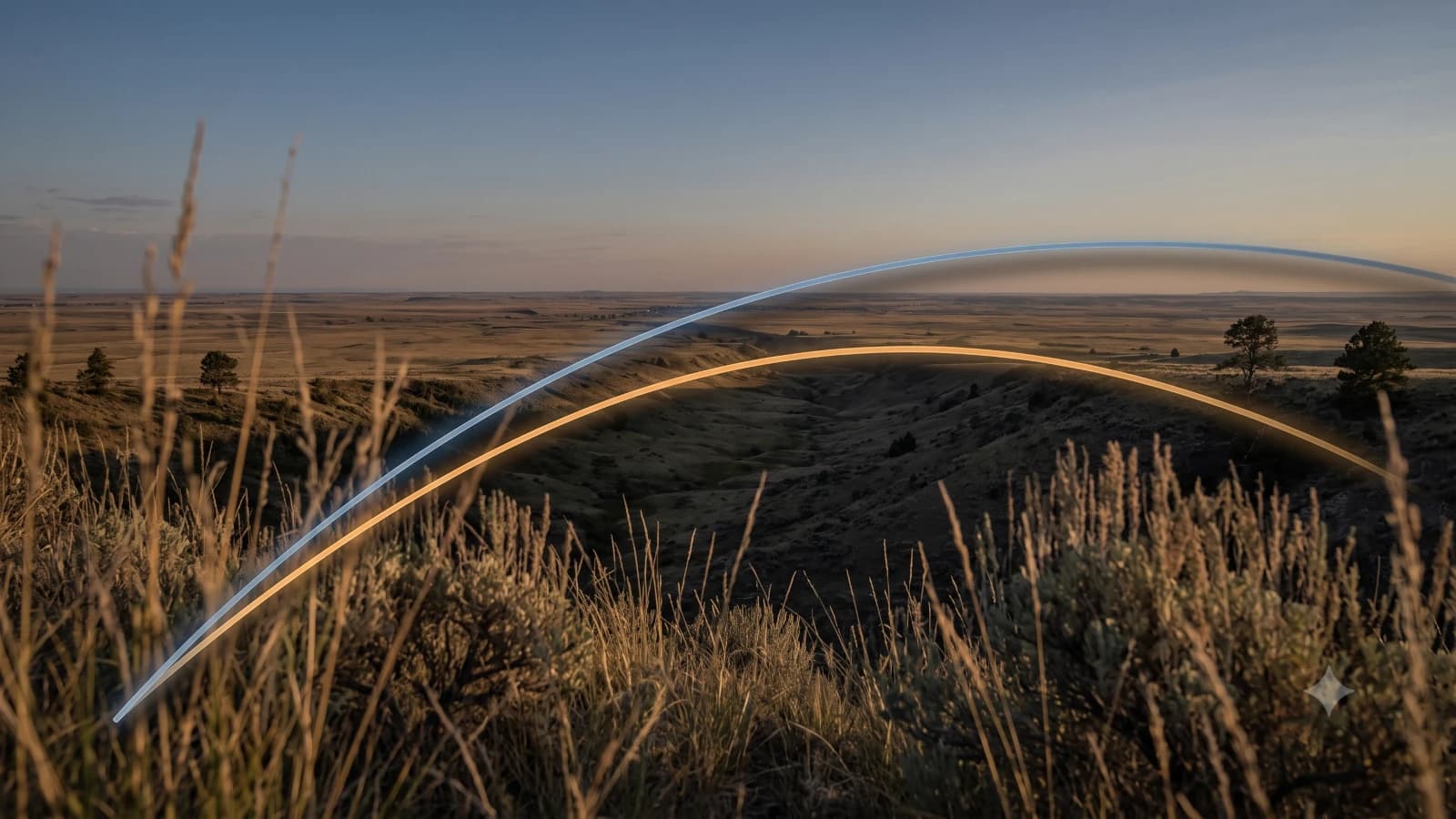 Two glowing trajectory arcs — one steel-blue, one amber — arcing over golden high-plains grassland at golden hour, the blue arc reaching farther than the amber one