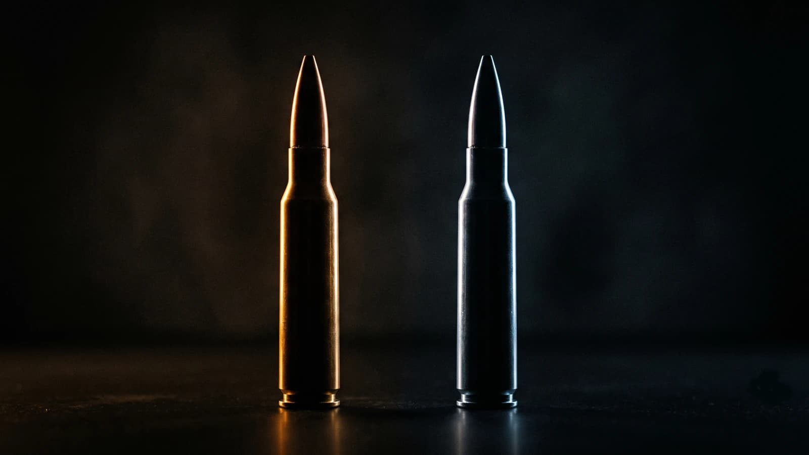 Two rifle cartridges lit from behind in a split of warm and cold light — one bathed in old-brass amber, the other in cold steel-blue — the same silhouette rendered in two eras of material, no legible headstamps