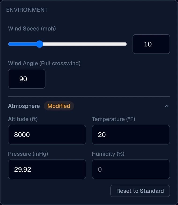 The ballistics calculator's environment panel set to 8,000 feet, 20°F and 29.92 inHg, with altitude and barometric pressure as separate fields