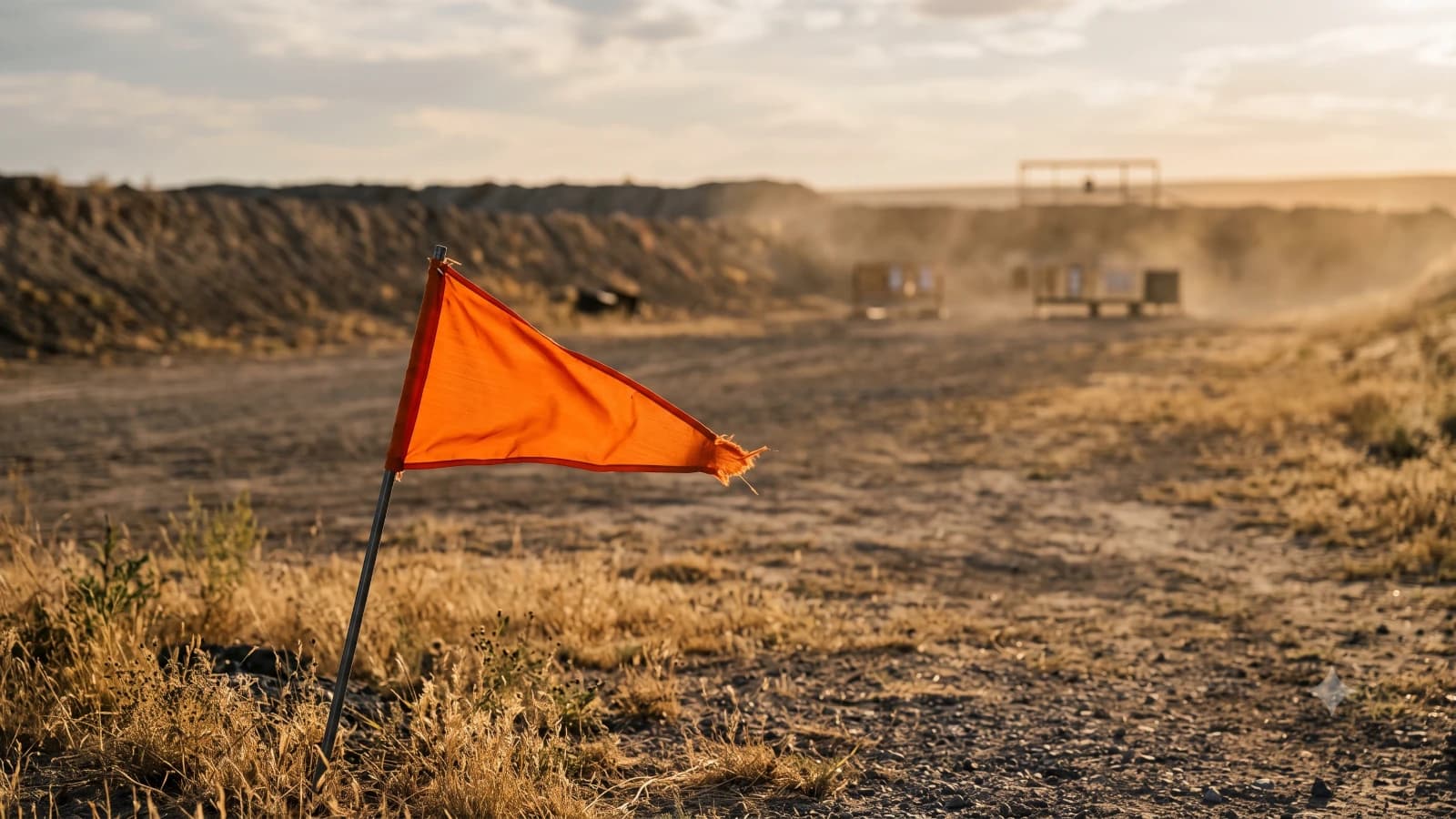 A single orange range wind flag standing straight out in a stiff crosswind, sharp in the foreground with a berm and a distant target frame dissolving into haze behind it, low warm sunlight raking across an empty range